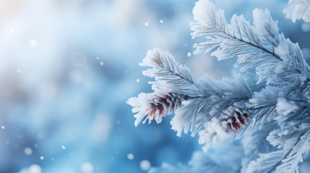 Snow and frost on a beautiful winter landscape with an evergreen branch, copy space.の素材