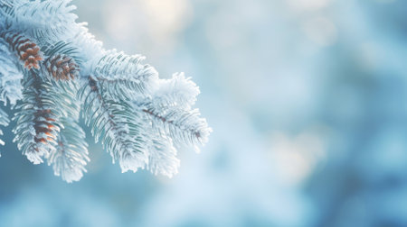 A winter greeting card featuring a snow-covered spruce branch, copy space.の素材