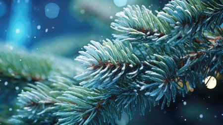 A frosty spruce branch in a winter forest, blanketing the scenery.の素材