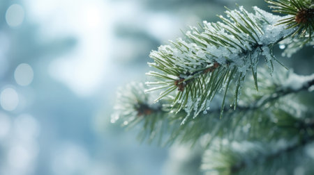 A snowy coniferous branch framed by a frosty background, copy space.の素材