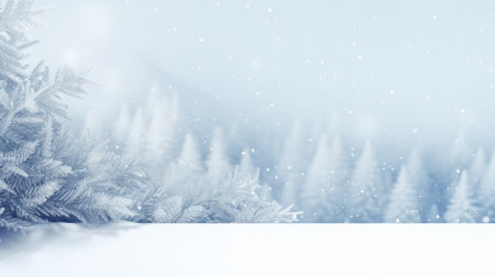 A tranquil winter backdrop with tree branches covered in snow for a Christmas card, text space.の素材