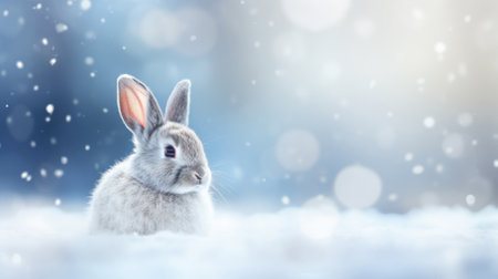 Rabbit on winter blurred bokeh background, text space.の素材