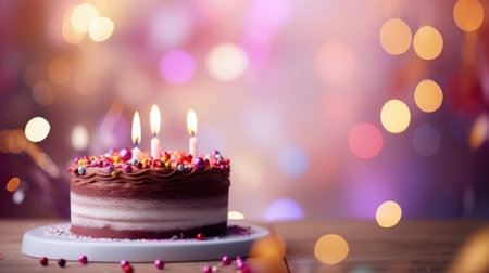 A baked delight, the birthday cake, with candles on a side of the festive setting, copy space.の素材