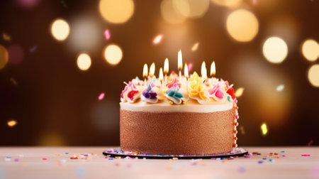 A birthday cake topped with candles and surrounded by a lively backdrop.の素材