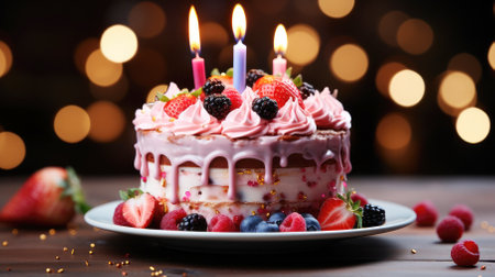 Festive birthday cake adorned with candles, adorned with luscious berries, set against a bokeh filled background.の素材