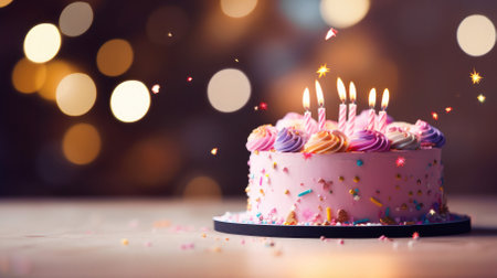 A delicious birthday dessert with candles, set against a lively background, text space.の素材