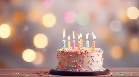 A tradition of sweetness: a birthday cake with candles.の素材