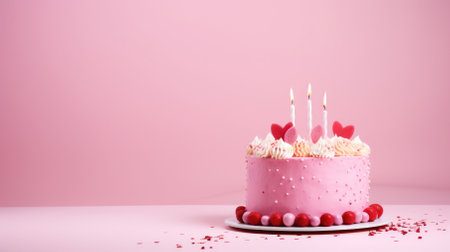 A tempting treat for a celebration, featuring a birthday cake with candles, copy space.の素材