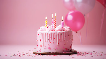 Birthday cake with candles and balloons on pink background.の素材