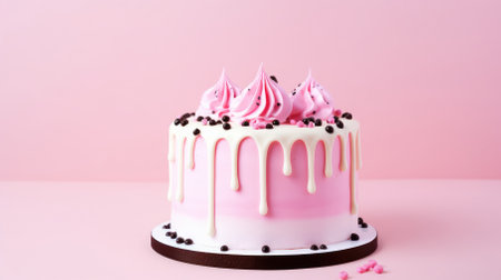 A buttercream birthday cake on a pink background.の素材