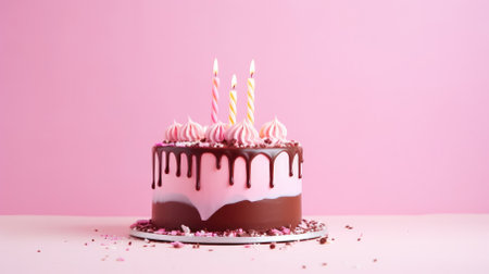 A buttercream cake with candles on a pink background.の素材