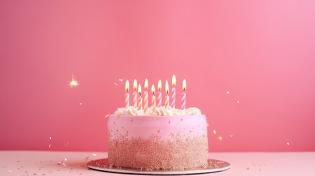 A buttercream cake and candles on a pink background.の素材