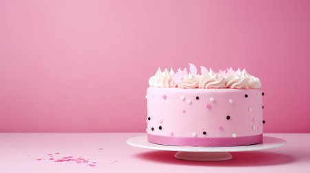 A sweet and celebratory treat featuring a birthday cake on a pink background, text space.の素材