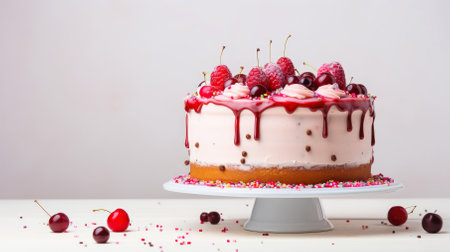 Birthday cake adorned with delightful berry topping, set against a white background.の素材