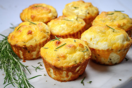 A delectable breakfast option - muffin cups filled with eggs, bacon, and cheese.の素材