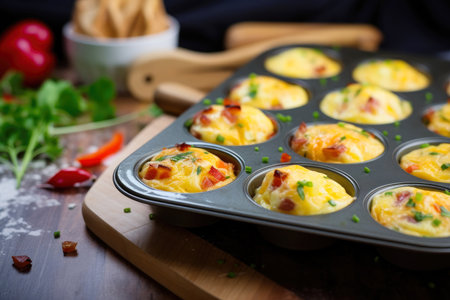 Muffin tin with egg vegetable omelette.の素材