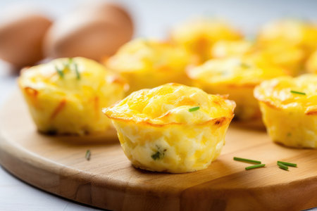 A breakfast of egg muffin cups with cheese, and fresh greens.の素材