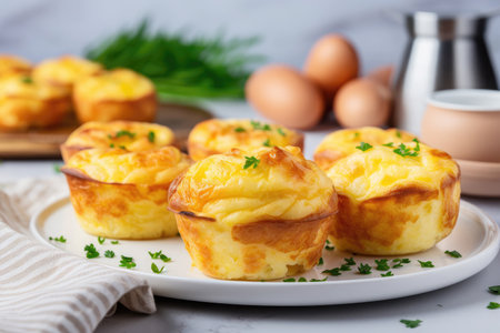 A wholesome breakfast delight: muffin cups with eggs, bacon, and delicious cheese.の素材