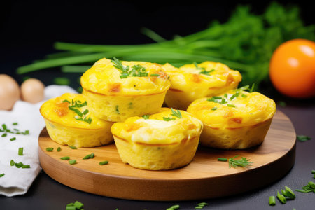 A tasty breakfast treat: muffin cups filled with eggs, bacon, and delicious cheese.の素材