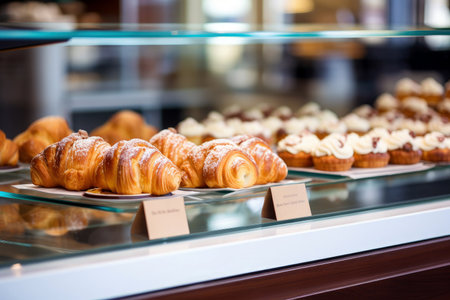 Market bakery shelf offering many traditional pastries.の素材