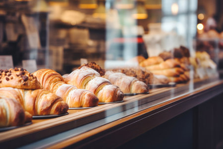 Bakery counter displaying a variety of fresh baked goods.の素材