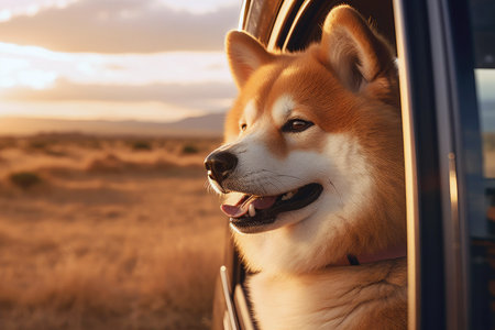 Traveling with a cute Akita Inu dog by car.の素材
