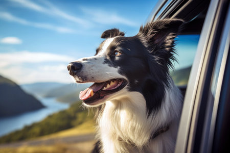 A happy Collie dog enjoys the car ride, peeking out of the window, symbolizing the happiness of the road trip.の素材