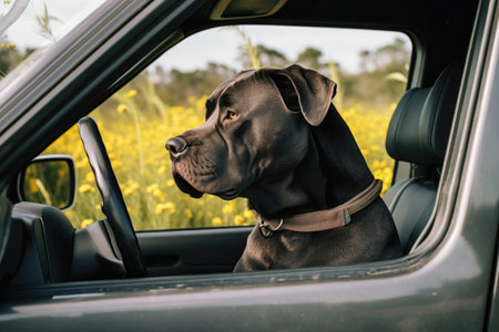 A dog of the Cane Corso breed sits behind the wheel of a car.の素材