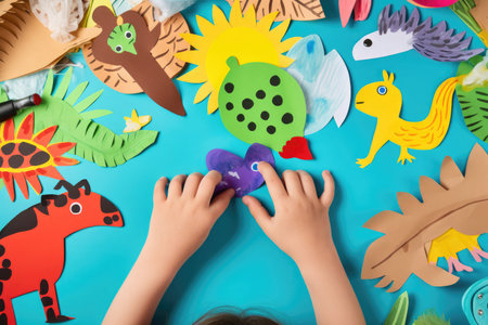 Kid's hands crafting colorful paper animals.の素材