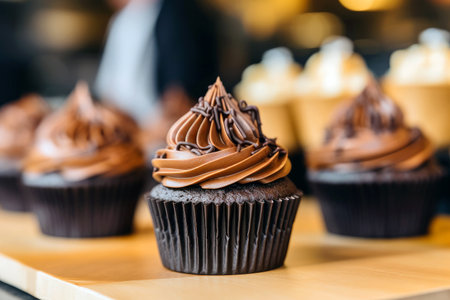 Yummy desserts: chocolate cupcakes in the bakery.の素材