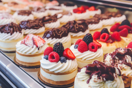 Delightful cake varieties at the confectionery store.の素材
