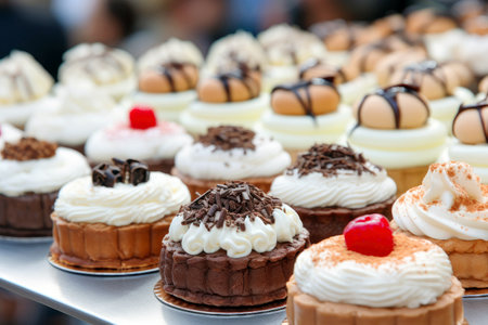 Gourmet delights: creamy cakes at the confectionery shop.の素材