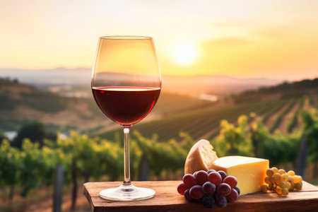 Red wine and nature's beauty: cheese, grapes, and vineyards.の素材