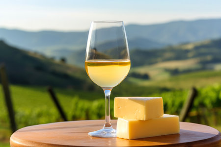 Glass of white wine, cheese, and vines.の素材