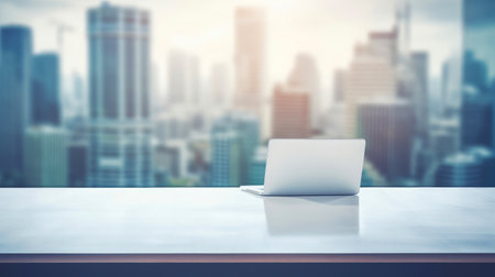 Stylish minimalist workspace: a laptop on a modern office desk with copy space.の素材
