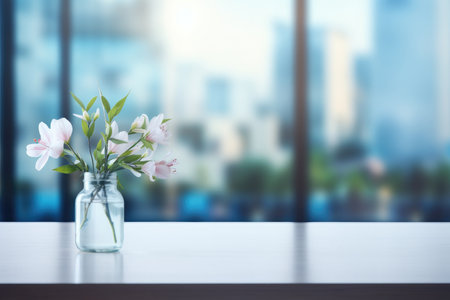 Minimalism in the modern office: unoccupied desktop with a vase of flowers on the background of a blurred metropolis.の素材