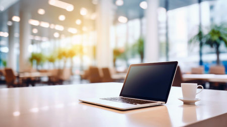 Laptop at the workplace: modern office interior design.の素材
