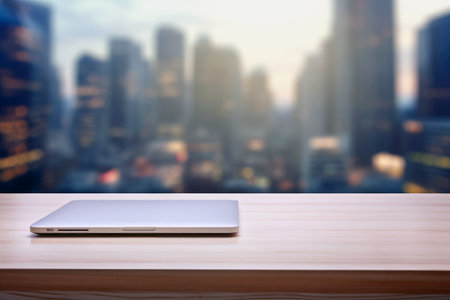 Blurry metropolis background in a minimalist office with a laptop.の素材