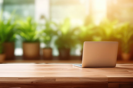 Minimalist design in a modern office: laptop on a worktable with copy space.の素材