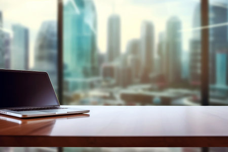 Minimalist office concept: laptop in a modern workspace.の素材