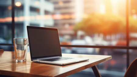 Laptop on a wooden table in a contemporary office room.の素材