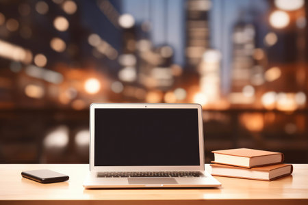 Laptop on a stylish wooden table in a modern office at night.の素材
