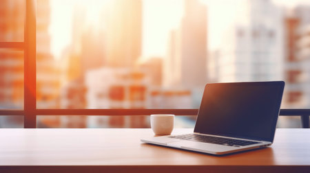 Stylish laptop workspace in a minimalist office setting, space for text.の素材