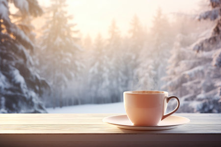 Coffee cup by the winter window, a seasonal mood.の素材