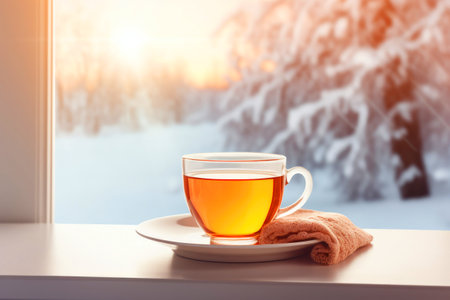 The winter landscape seen through the window, with a cup of hot tea enhancing the atmosphere.の素材