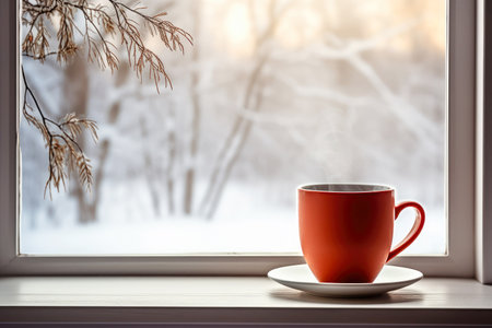 Wintery window coffee, sipping comfort during the holiday season.の素材