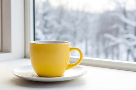 Yellow cup of coffee on winter windowsill.の素材