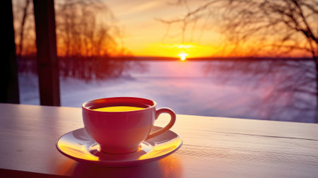 A teacup on the windowsill, a snowy backdrop, and the cozy essence of the winter holidays.の素材