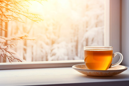 Tea by the winter window - a cozy home view, copy space.の素材