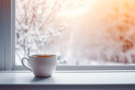 Wintertime coffee by the window, holiday vibes, copy space.の素材